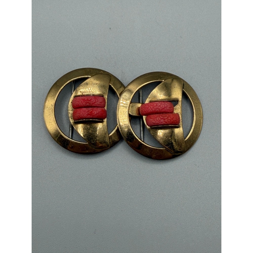 Vintage Art Deco Double Belt Buckle Gold Tone Red Carved Faux Coral 1940s #1081